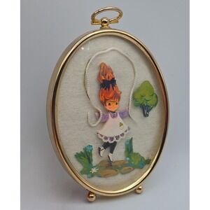 Vintage 3D Paper Tole Girl Jumping Rope Gold Oval Frame MCM Whimsical 70s
